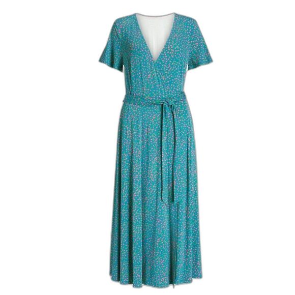 Boden Cassia Teal Speckle V-Neck Short Sleeve Jersey Knit Fit & Flare Wrap Dress - Picture 2 of 15